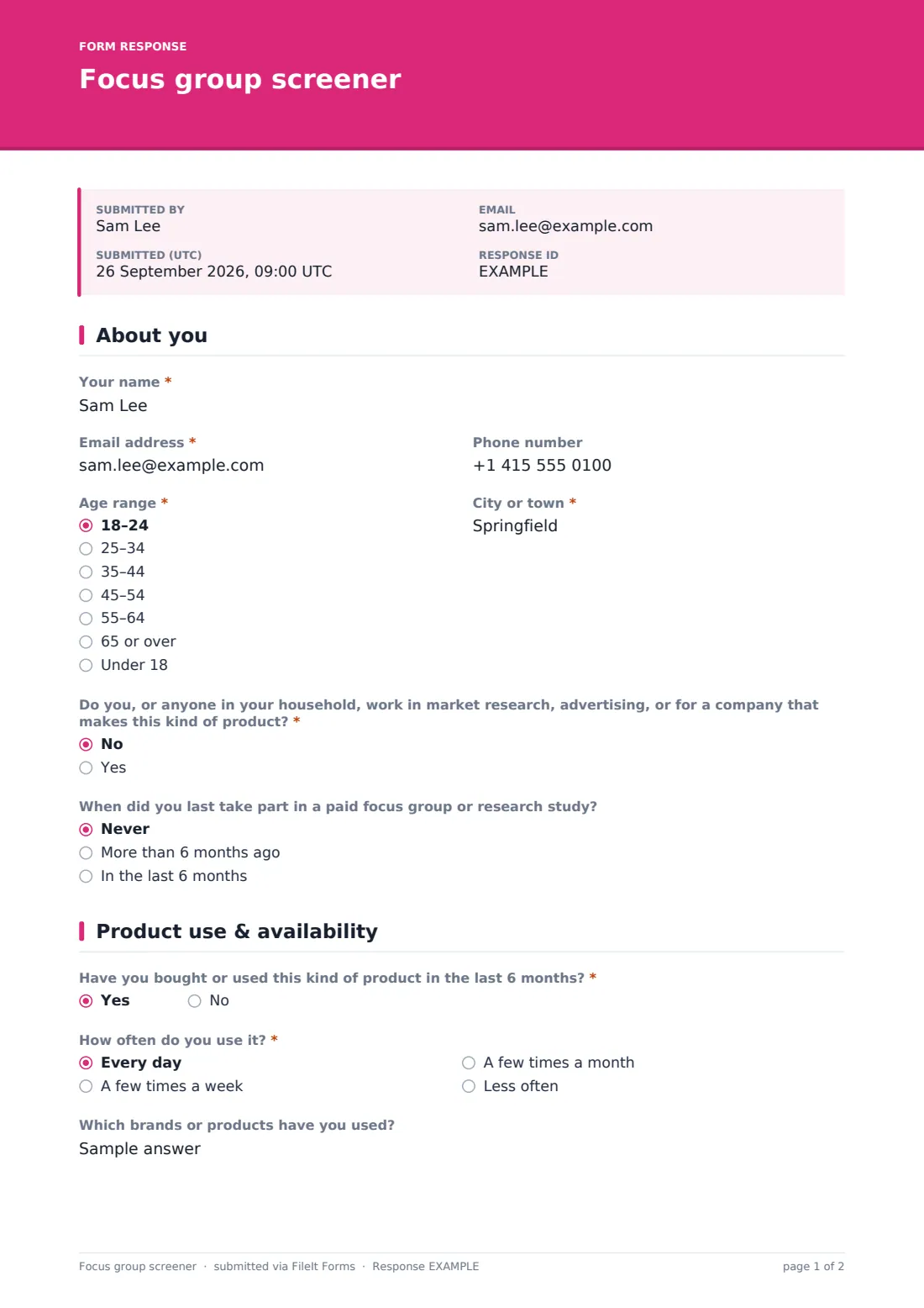 Focus group screener — example response PDF, page 1 of 2
