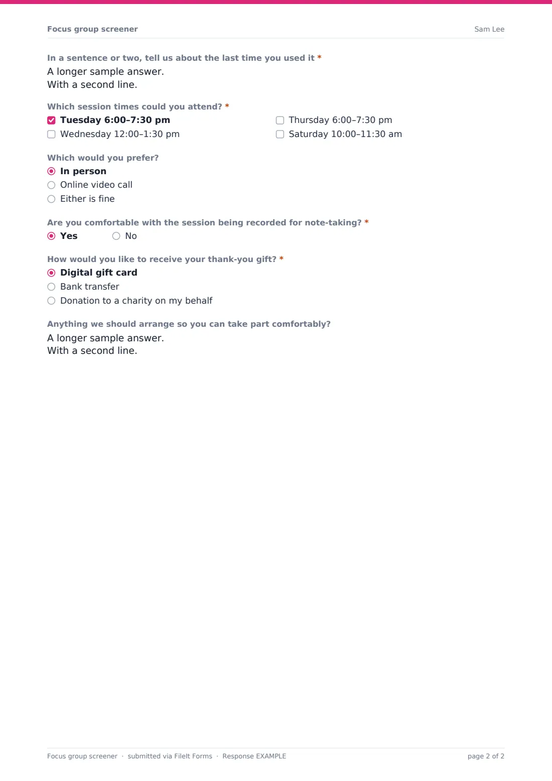 Focus group screener — example response PDF, page 2 of 2