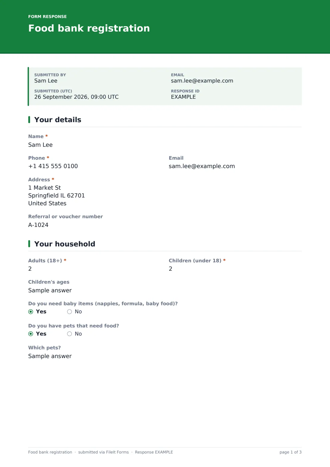 Food bank registration — example response PDF, page 1 of 3