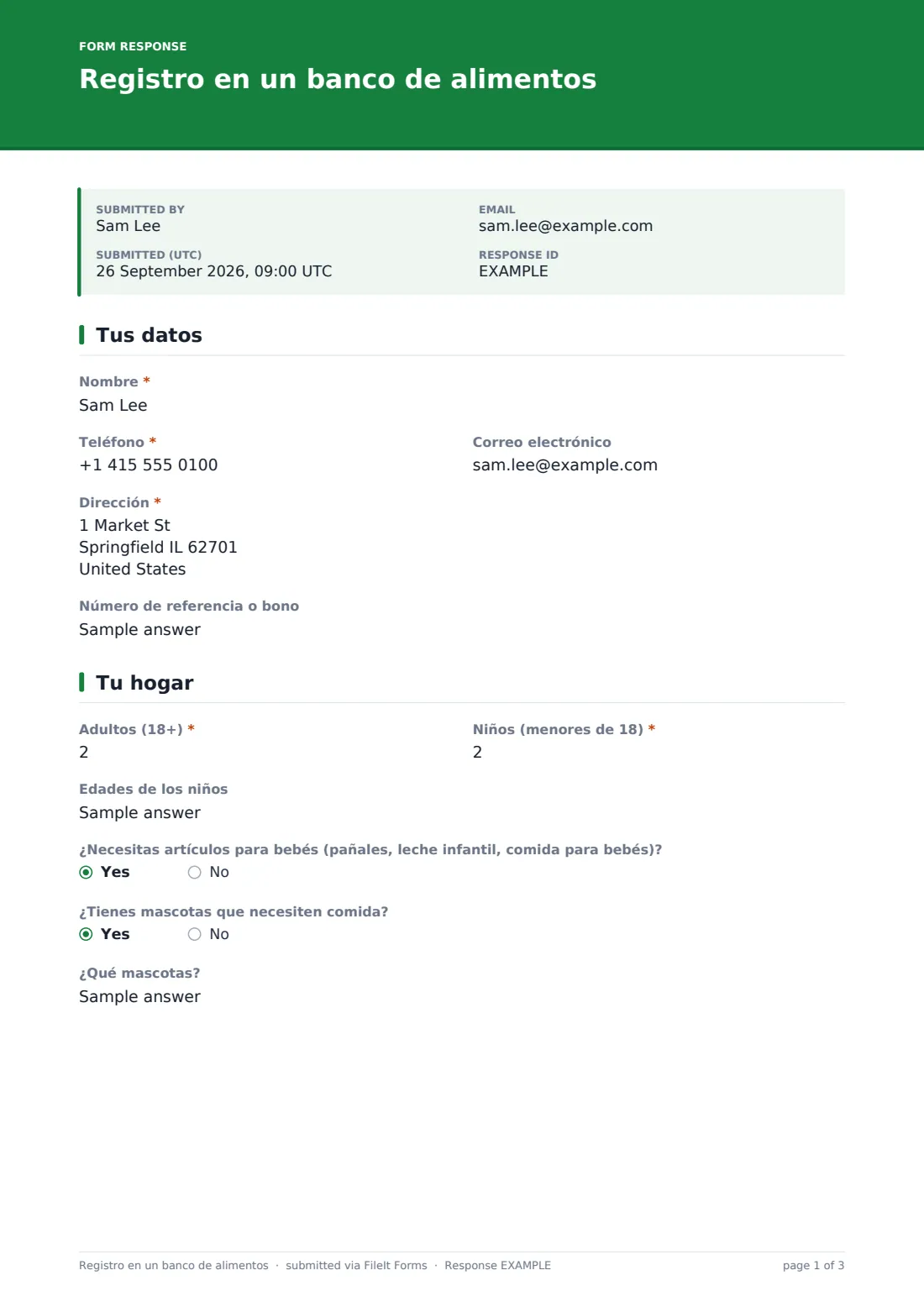 Registro en un banco de alimentos — PDF de respuesta de ejemplo, página 1 de 3