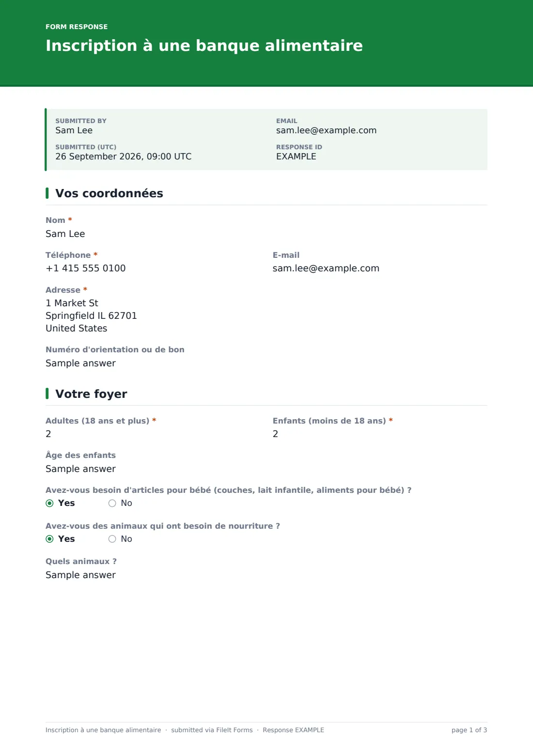 Inscription à une banque alimentaire — exemple de réponse au format PDF, page 1 sur 3