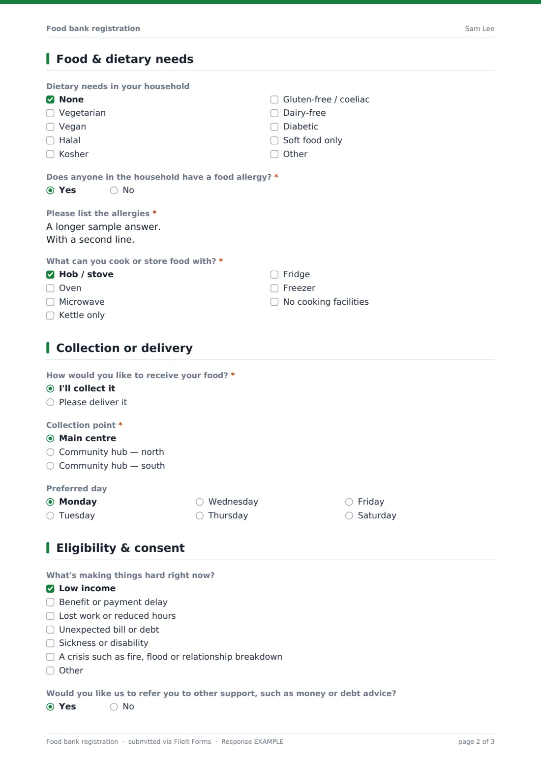 Food bank registration — example response PDF, page 2 of 3