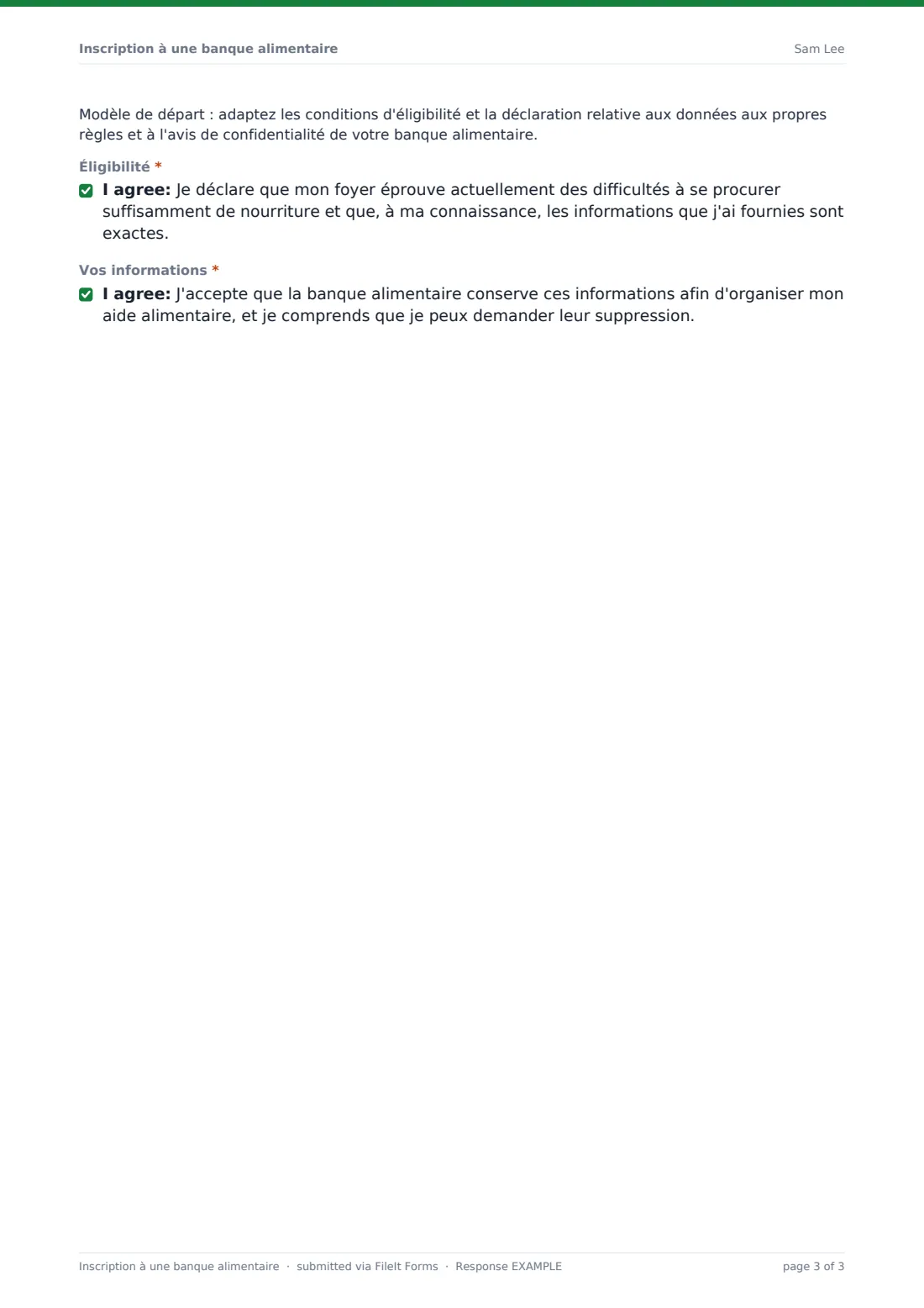 Inscription à une banque alimentaire — exemple de réponse au format PDF, page 3 sur 3