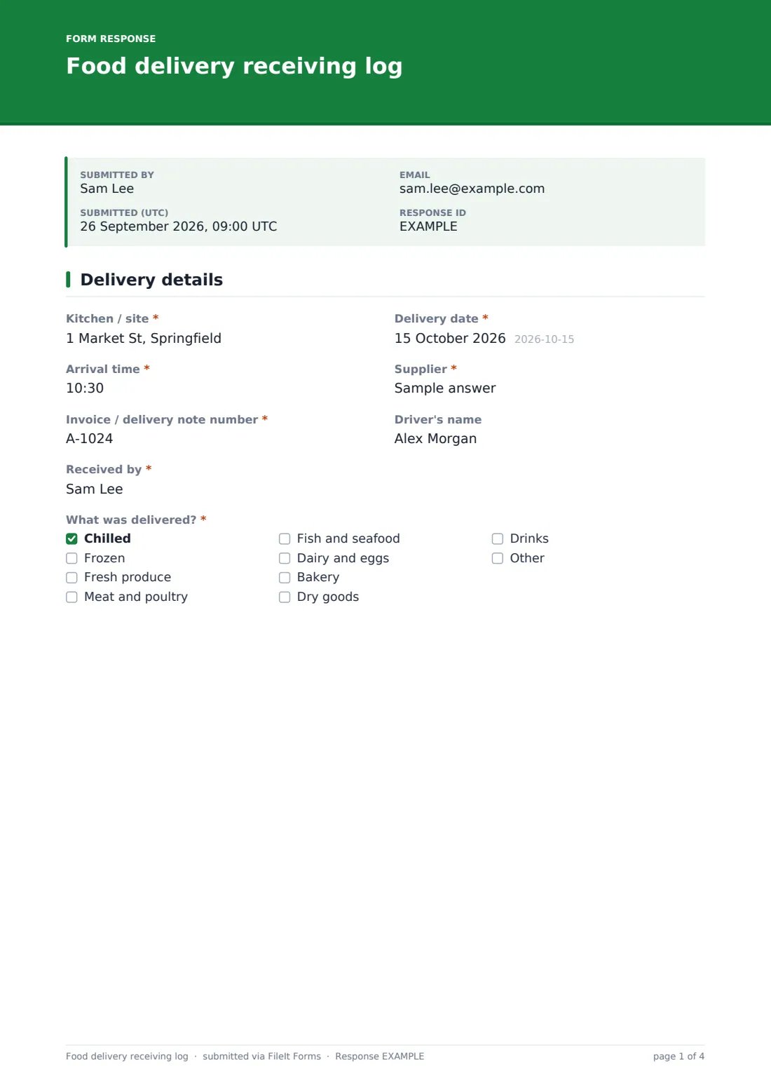 Food delivery receiving log — example response PDF, page 1 of 4