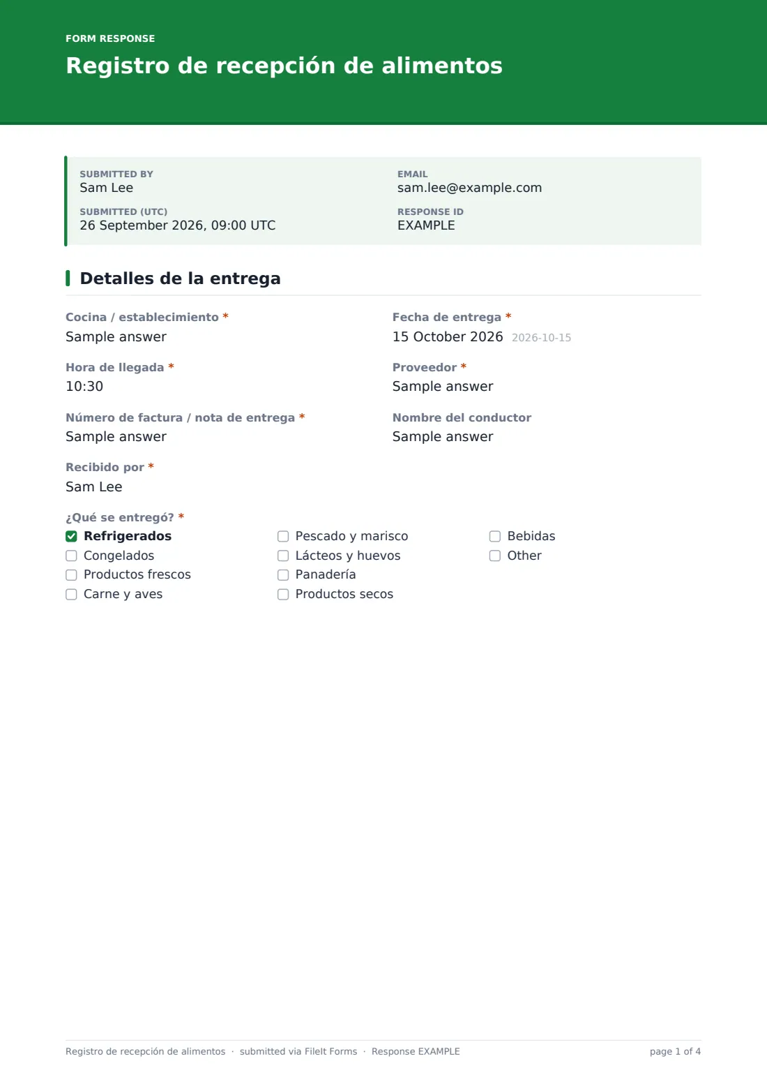 Registro de recepción de alimentos — PDF de respuesta de ejemplo, página 1 de 4