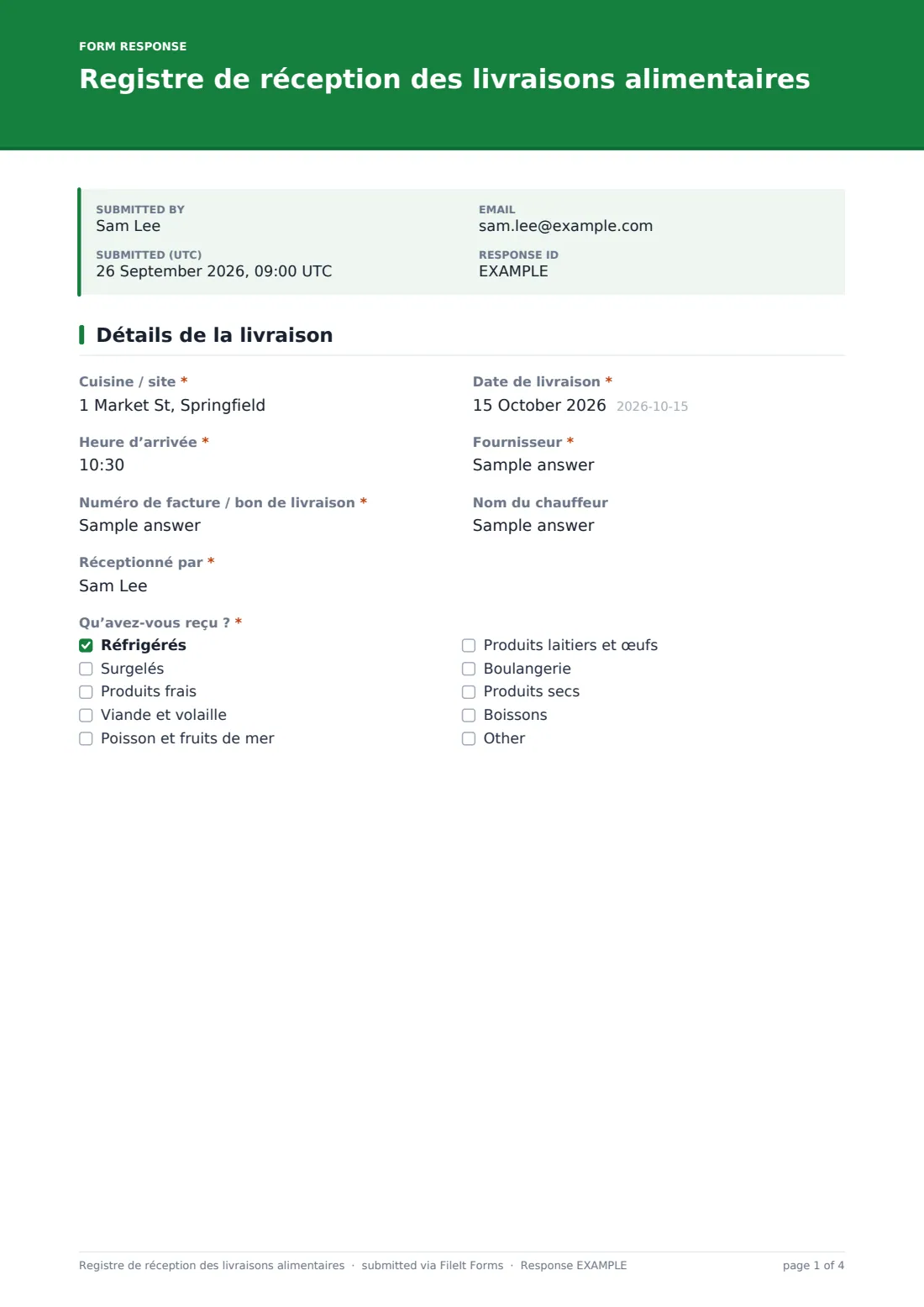 Registre de réception des livraisons alimentaires — exemple de réponse au format PDF, page 1 sur 4