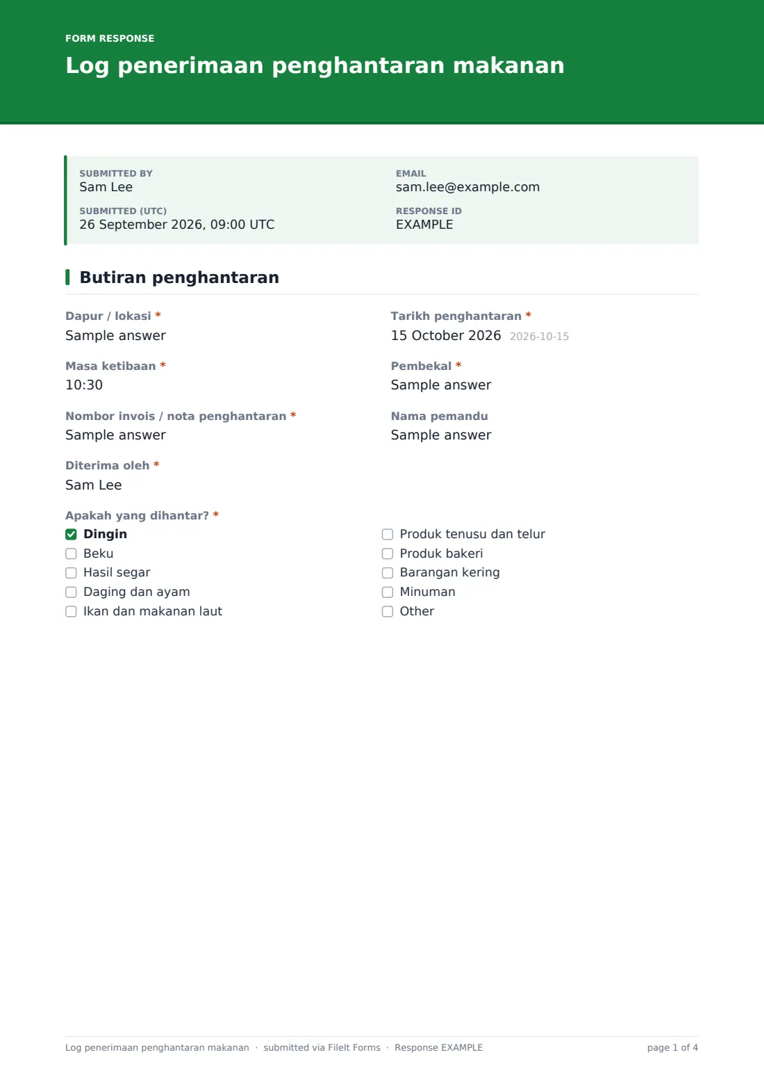 Log penerimaan penghantaran makanan — PDF respons contoh, halaman 1 daripada 4