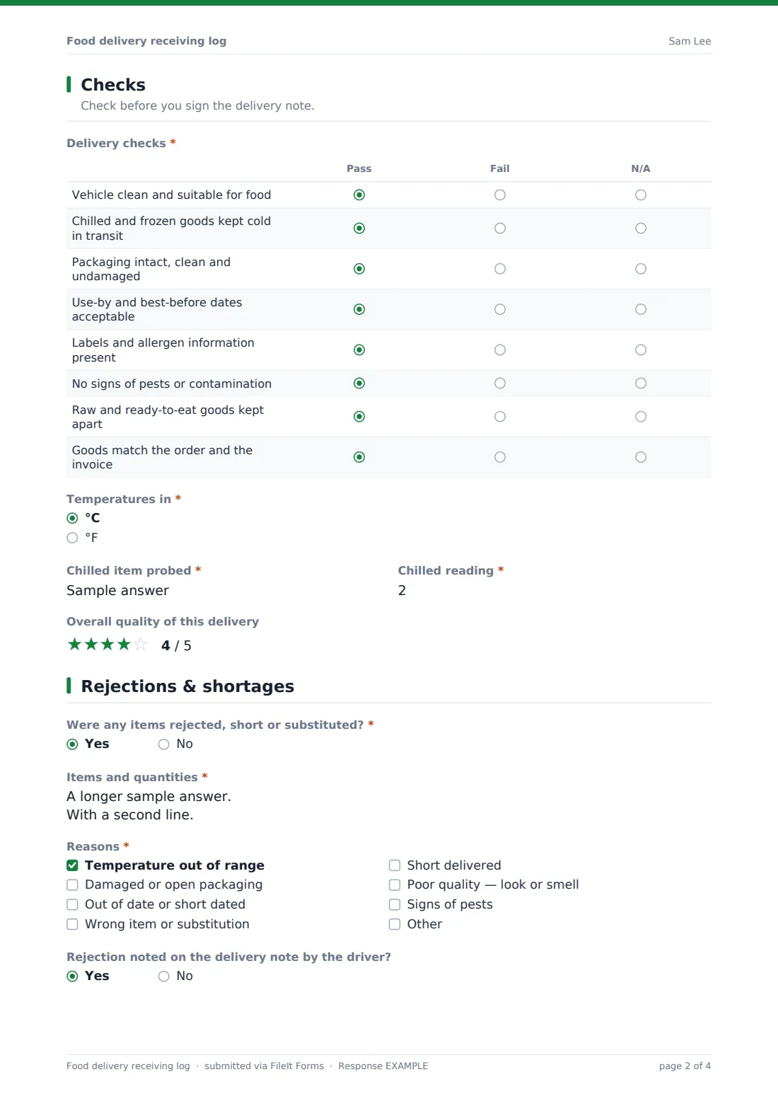 Food delivery receiving log — example response PDF, page 2 of 4