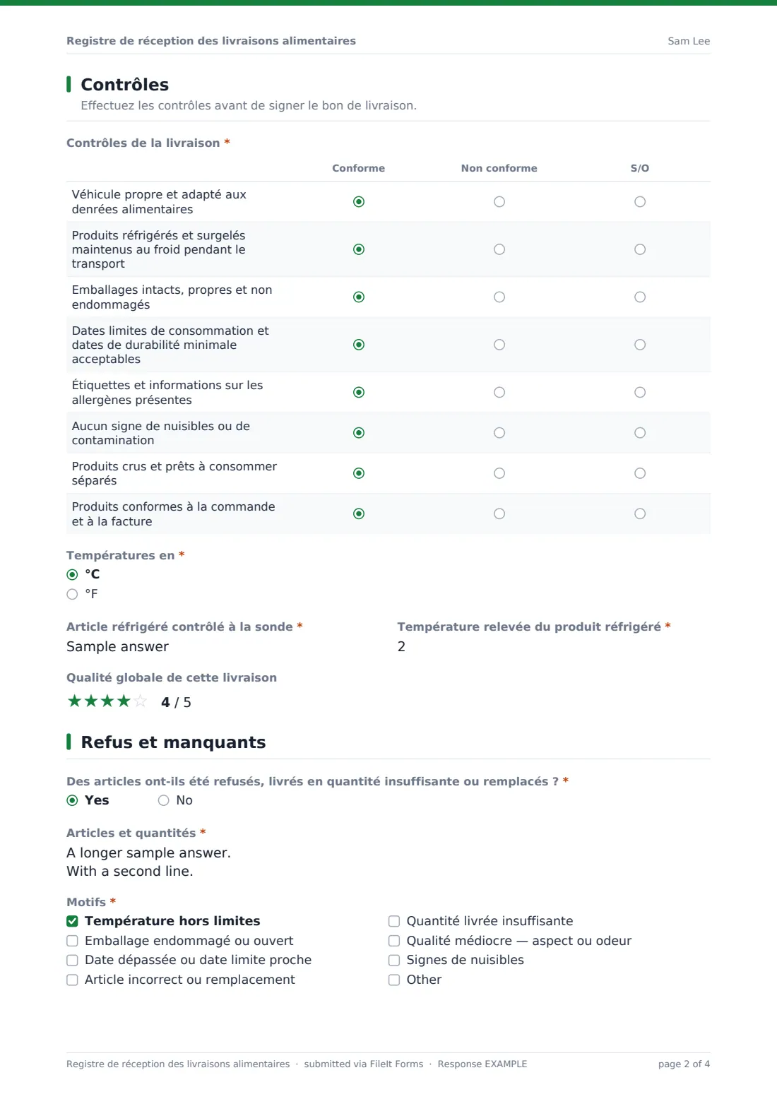Registre de réception des livraisons alimentaires — exemple de réponse au format PDF, page 2 sur 4