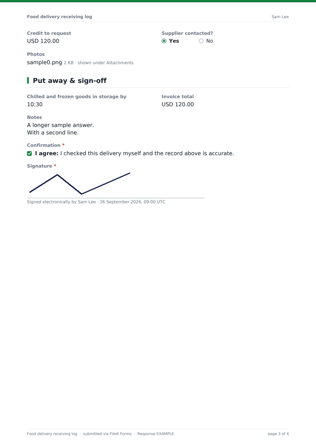 Food delivery receiving log — example response PDF, page 3 of 4