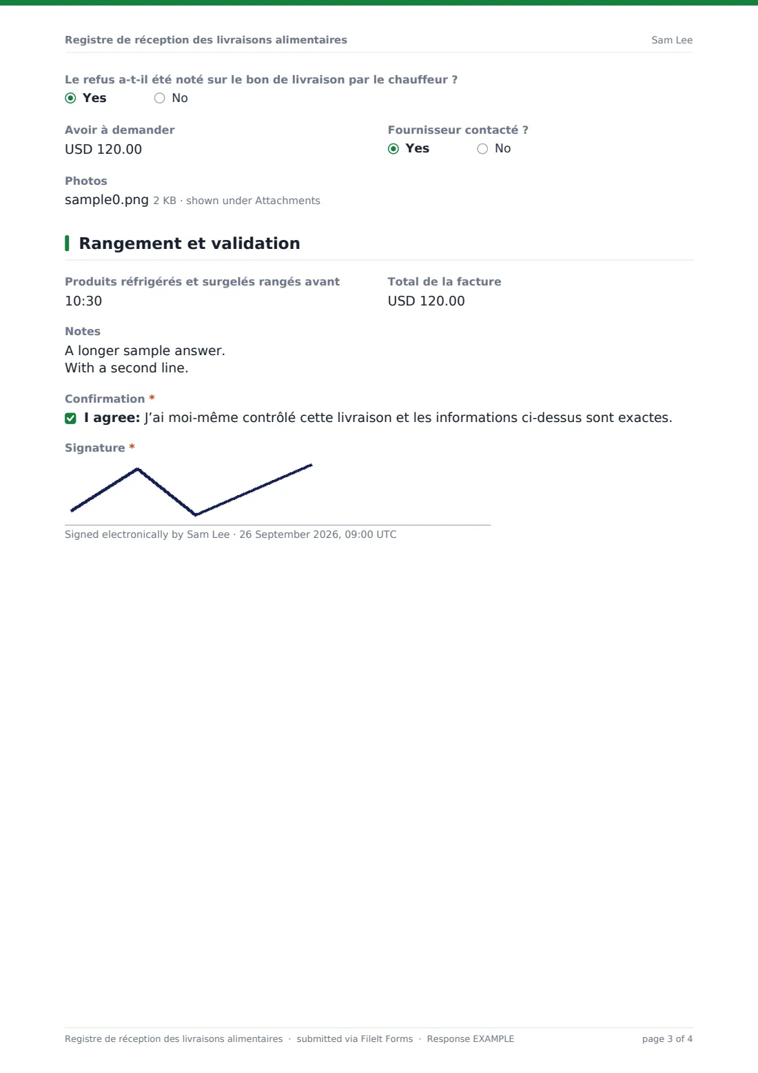 Registre de réception des livraisons alimentaires — exemple de réponse au format PDF, page 3 sur 4