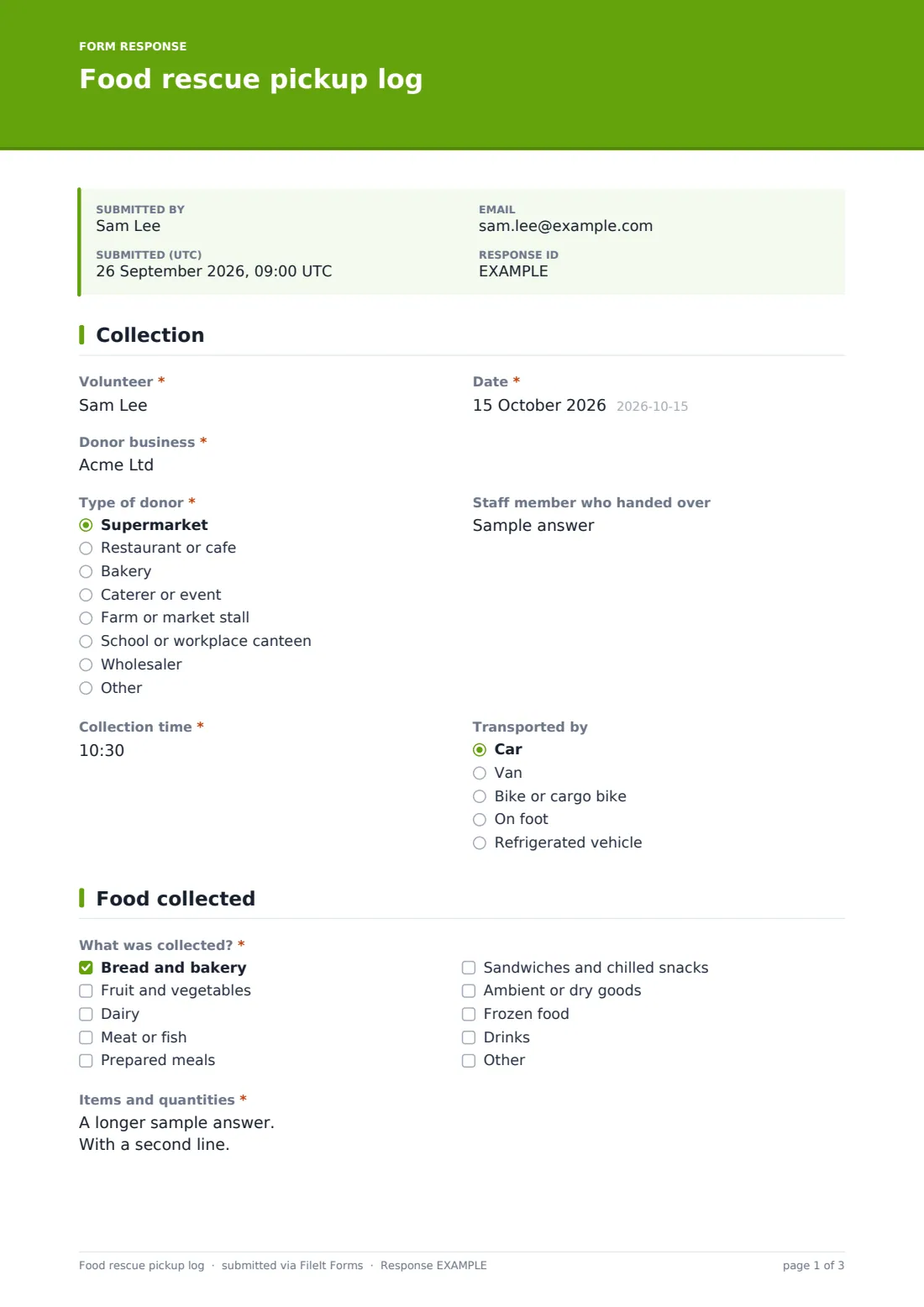 Food rescue pickup log — example response PDF, page 1 of 3