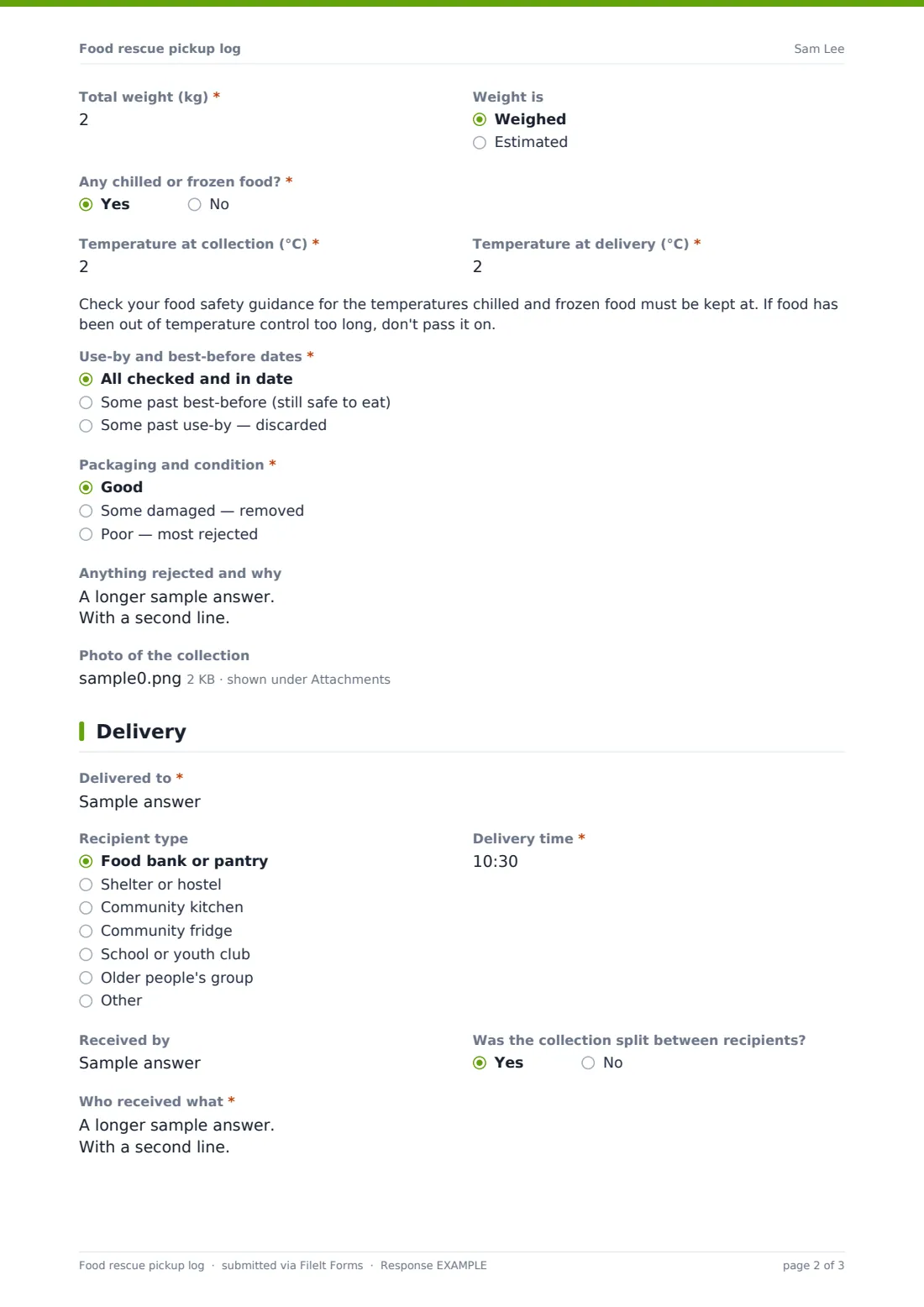 Food rescue pickup log — example response PDF, page 2 of 3