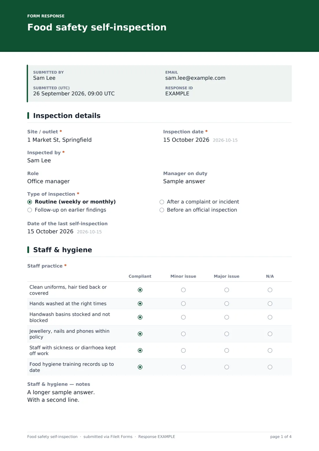 Food safety self-inspection — example response PDF, page 1 of 4