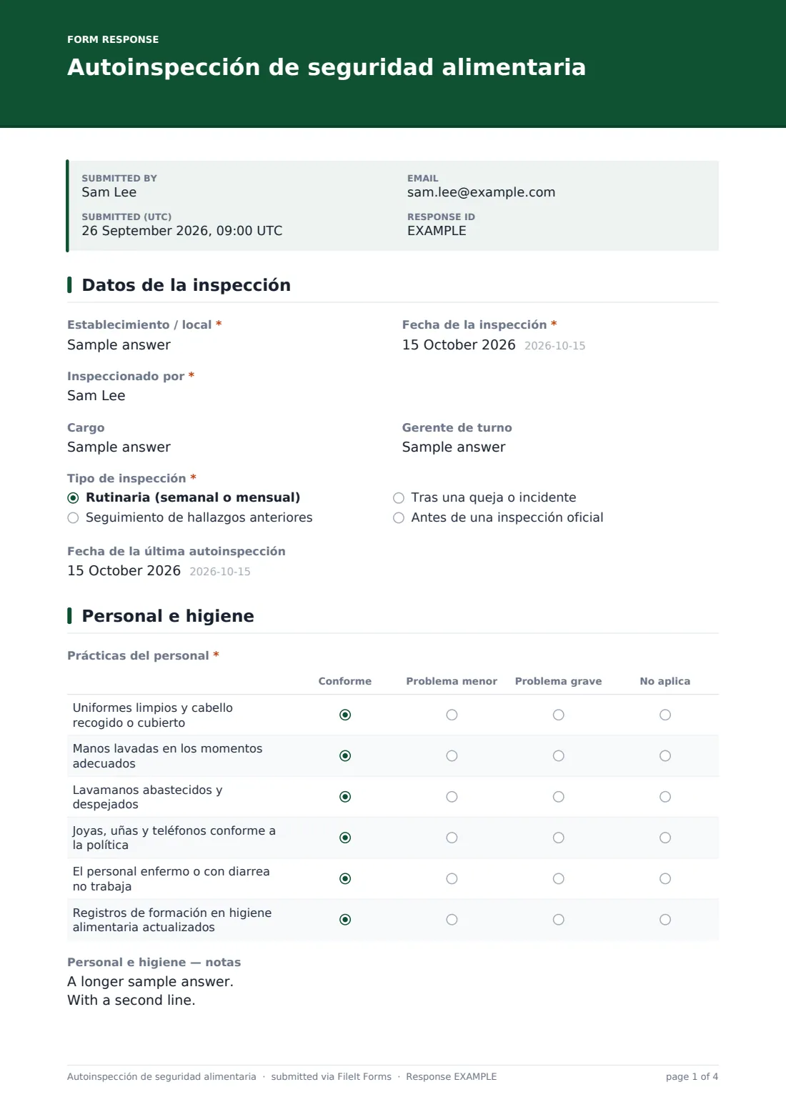 Autoinspección de seguridad alimentaria — PDF de respuesta de ejemplo, página 1 de 4