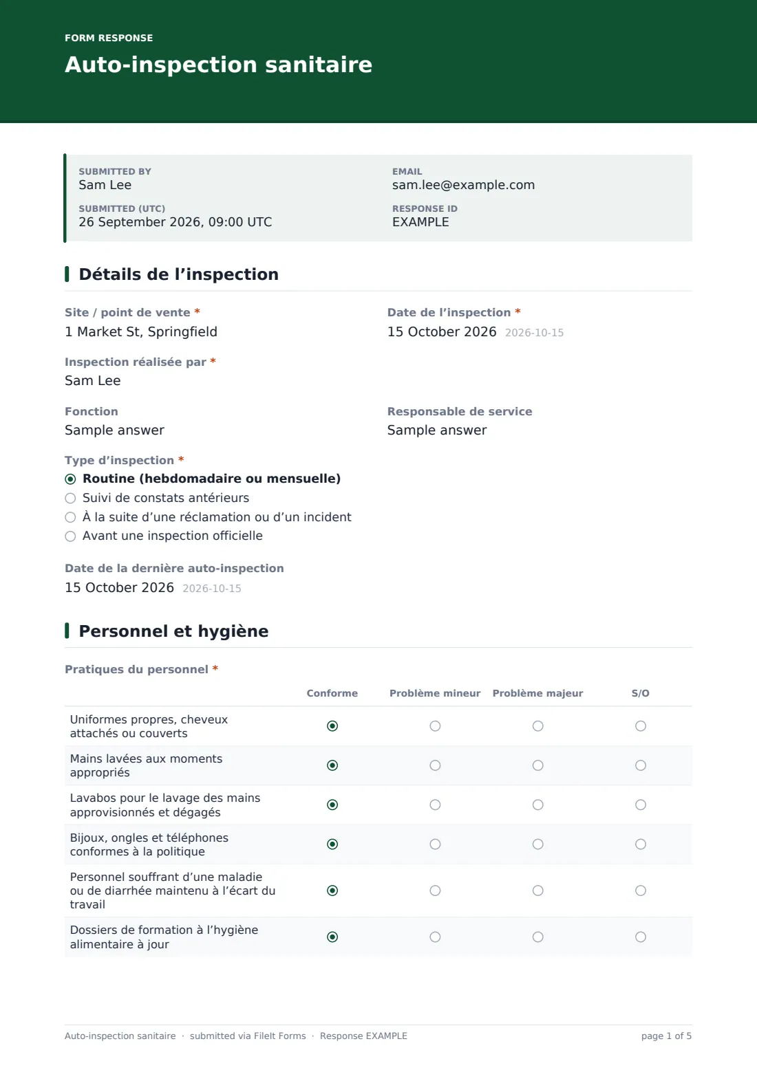 Auto-inspection sanitaire — exemple de réponse au format PDF, page 1 sur 5