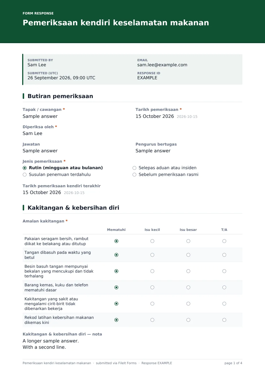 Pemeriksaan kendiri keselamatan makanan — PDF respons contoh, halaman 1 daripada 4
