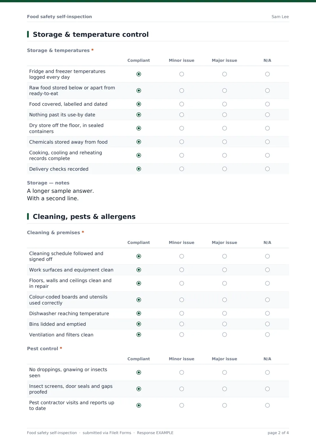Food safety self-inspection — example response PDF, page 2 of 4