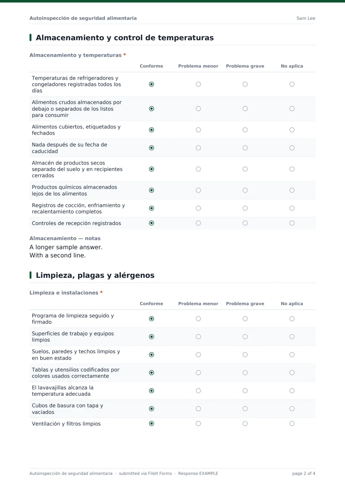 Autoinspección de seguridad alimentaria — PDF de respuesta de ejemplo, página 2 de 4