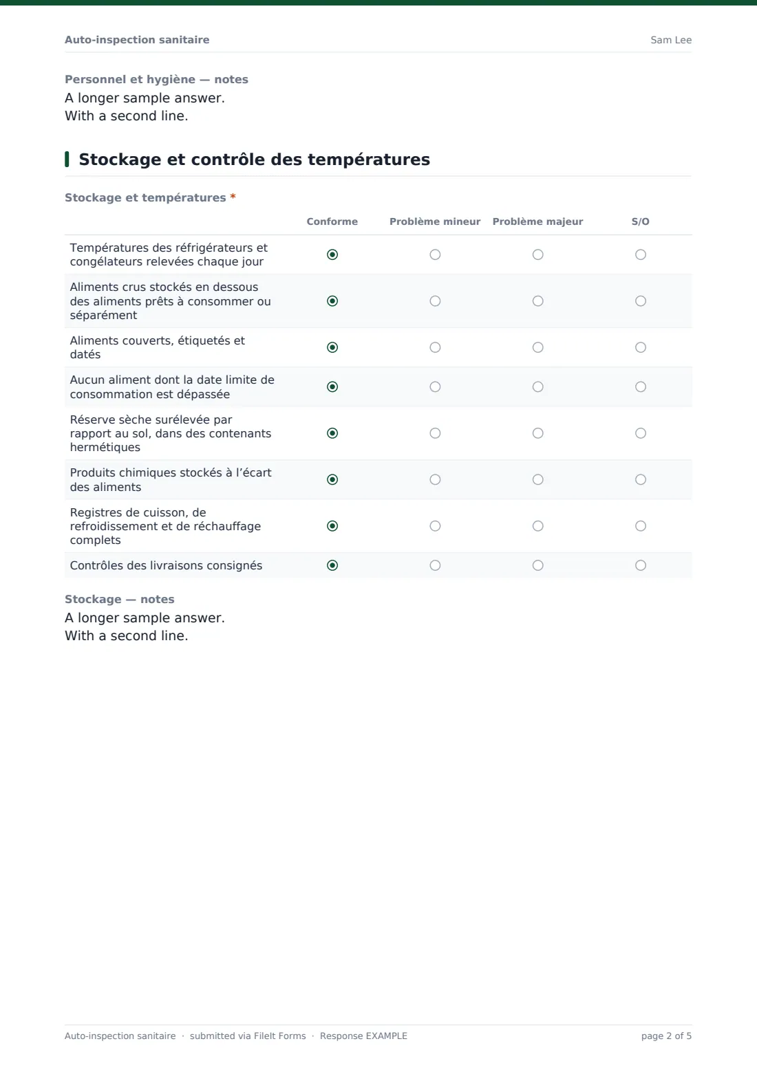 Auto-inspection sanitaire — exemple de réponse au format PDF, page 2 sur 5