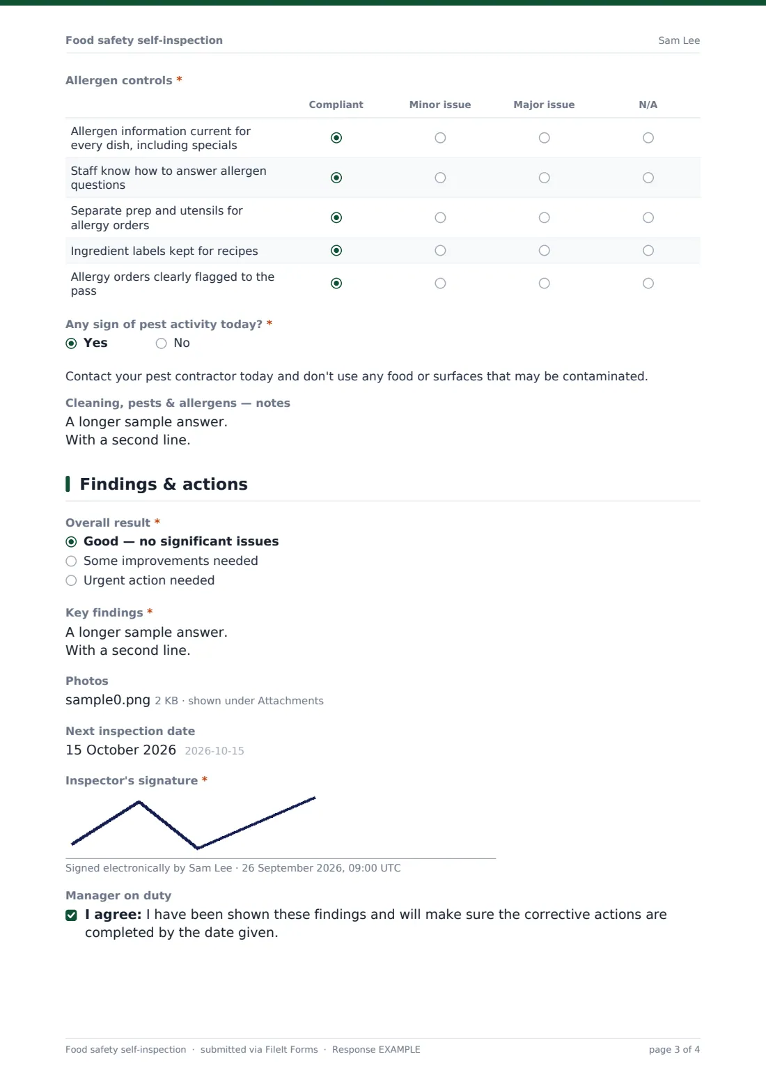 Food safety self-inspection — example response PDF, page 3 of 4
