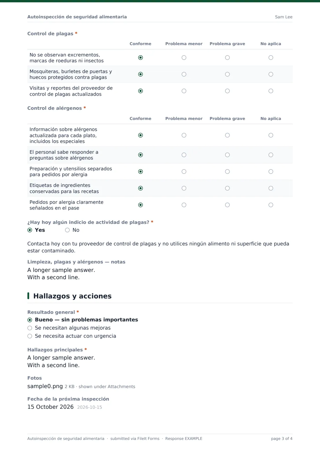 Autoinspección de seguridad alimentaria — PDF de respuesta de ejemplo, página 3 de 4