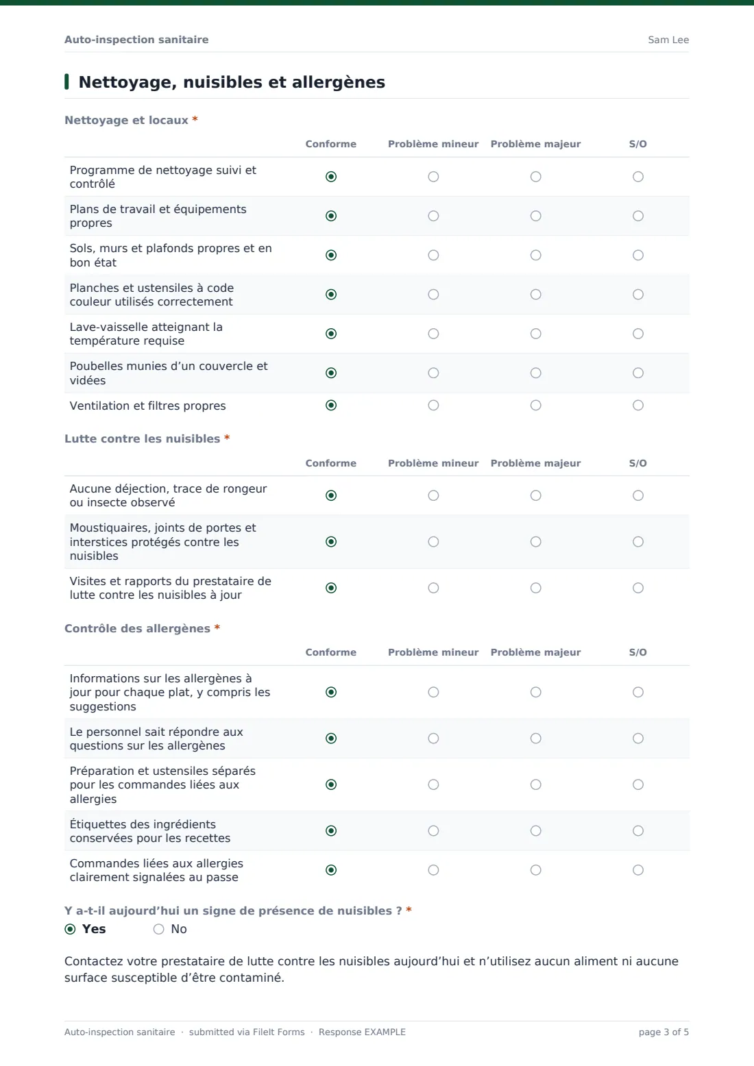 Auto-inspection sanitaire — exemple de réponse au format PDF, page 3 sur 5