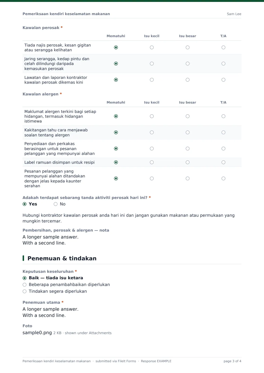 Pemeriksaan kendiri keselamatan makanan — PDF respons contoh, halaman 3 daripada 4