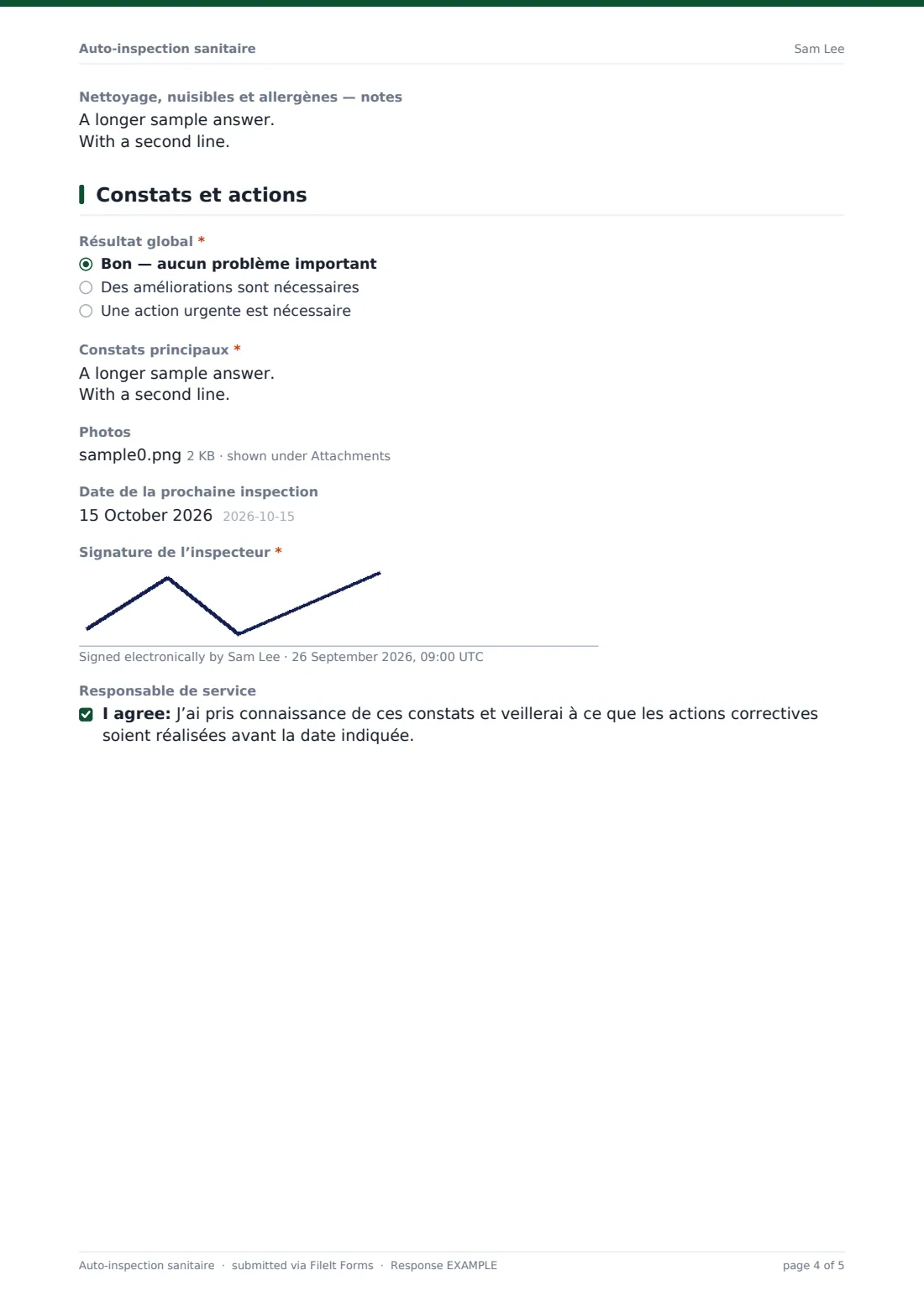 Auto-inspection sanitaire — exemple de réponse au format PDF, page 4 sur 5