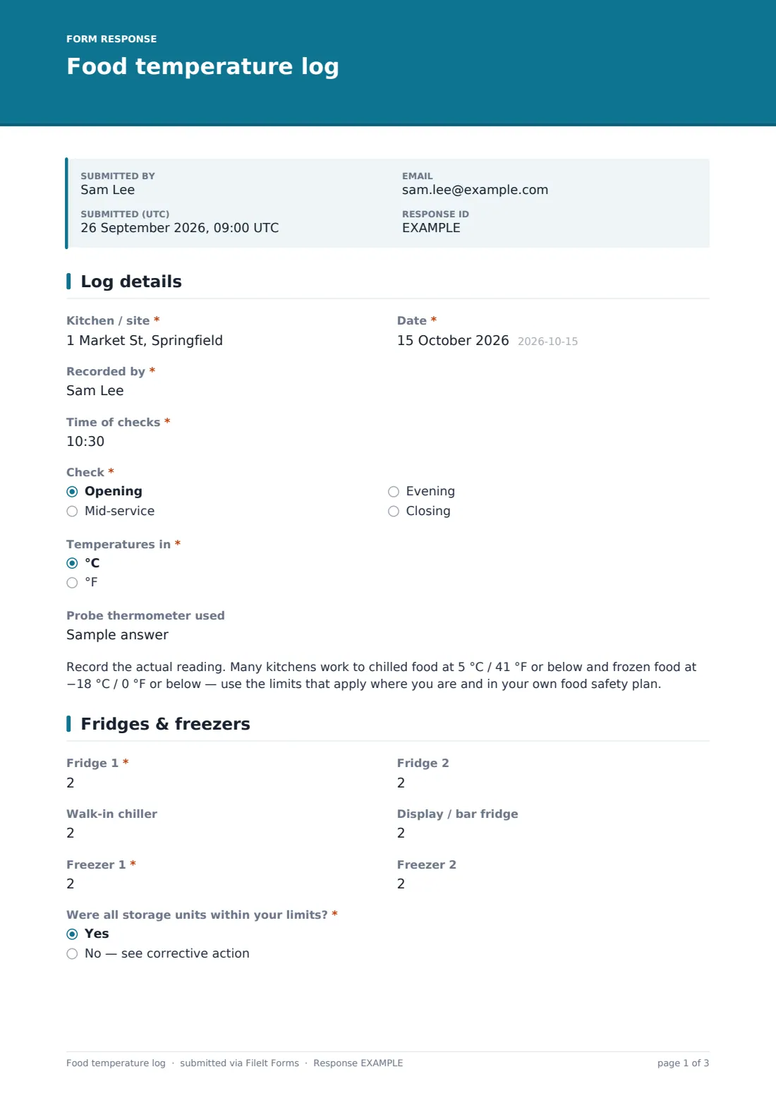 Food temperature log — example response PDF, page 1 of 3