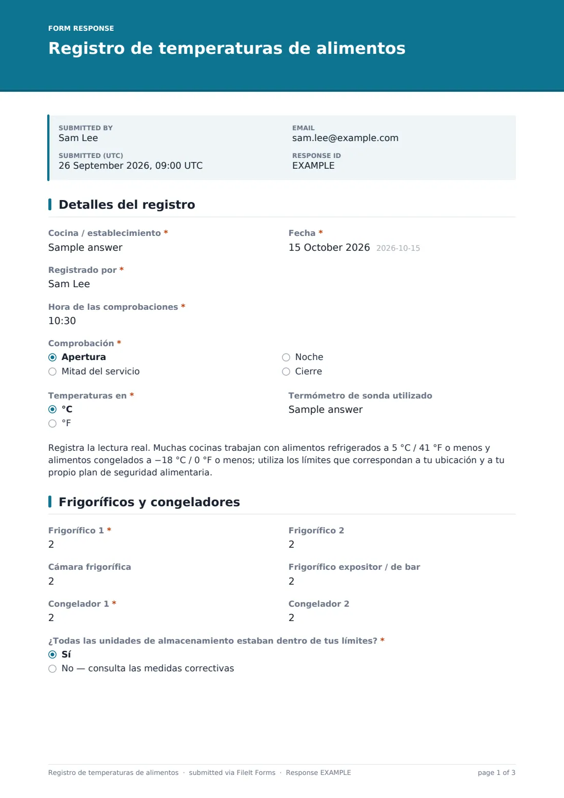 Registro de temperaturas de alimentos — PDF de respuesta de ejemplo, página 1 de 3