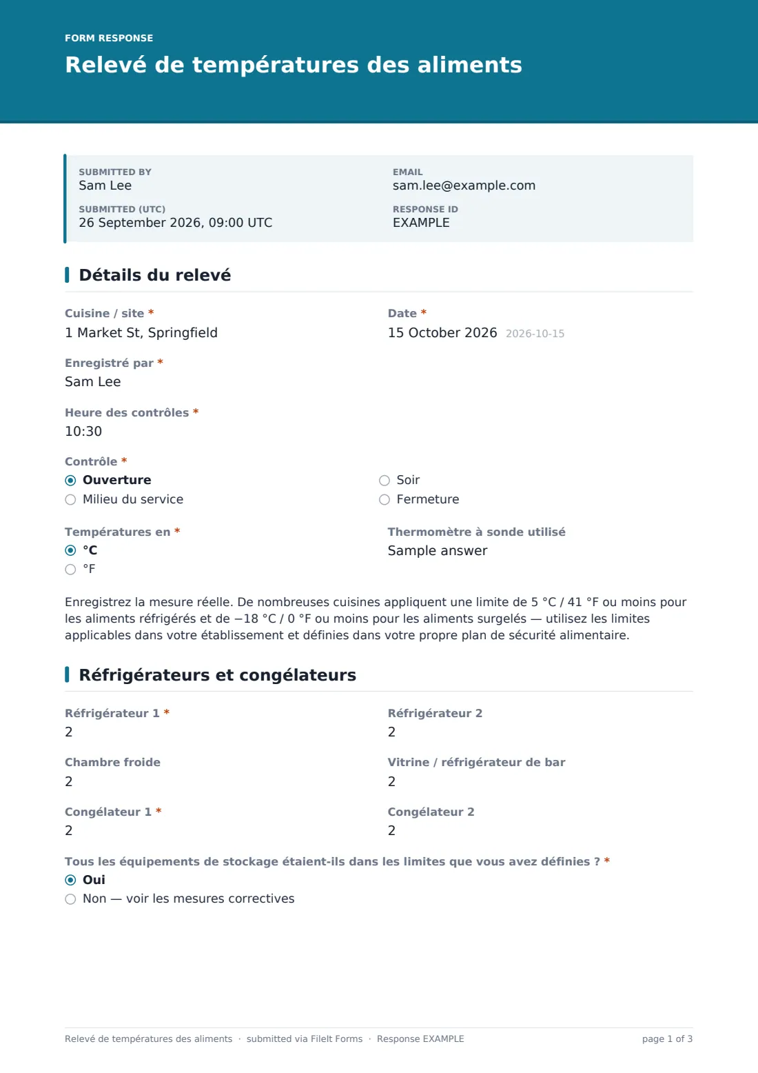 Relevé de températures des aliments — exemple de réponse au format PDF, page 1 sur 3