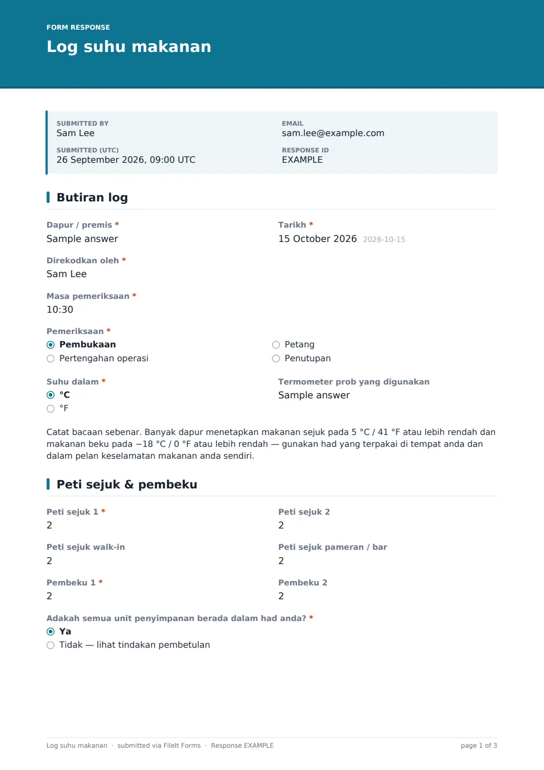 Log suhu makanan — PDF respons contoh, halaman 1 daripada 3