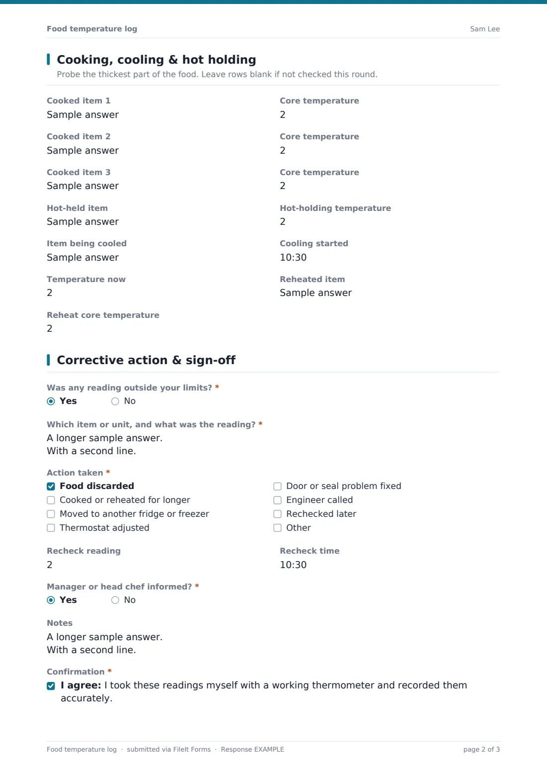 Food temperature log — example response PDF, page 2 of 3