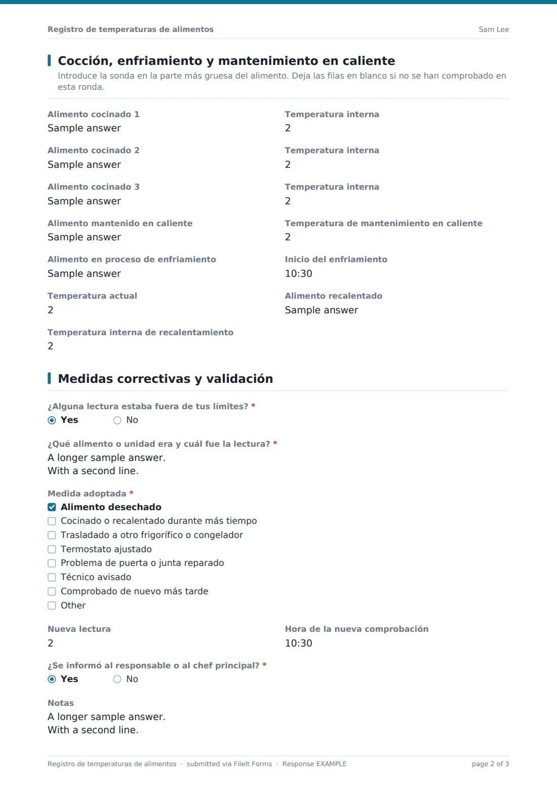 Registro de temperaturas de alimentos — PDF de respuesta de ejemplo, página 2 de 3