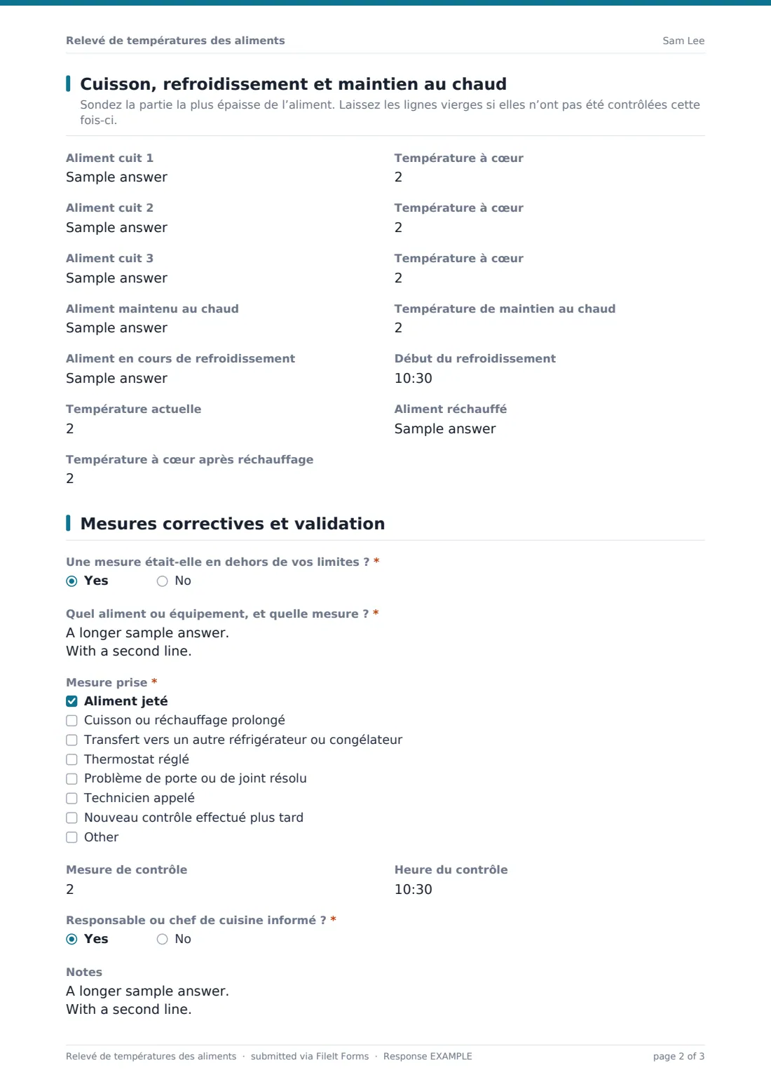 Relevé de températures des aliments — exemple de réponse au format PDF, page 2 sur 3
