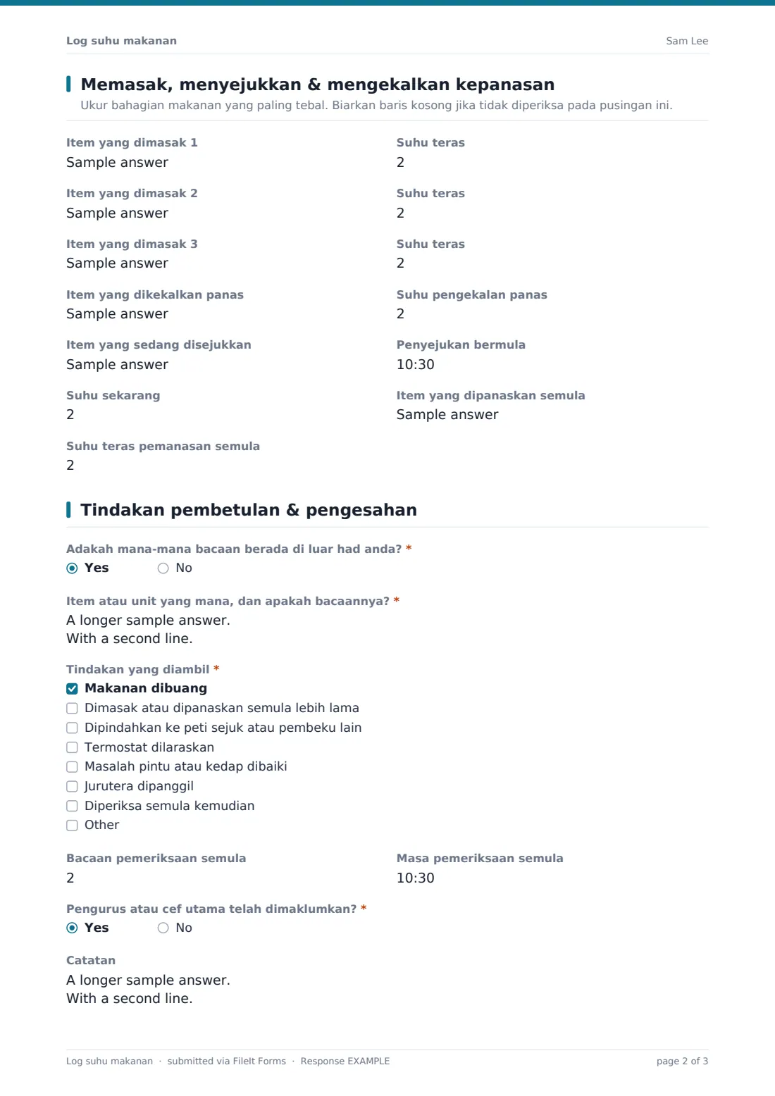 Log suhu makanan — PDF respons contoh, halaman 2 daripada 3