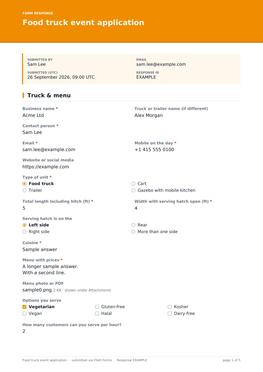 Food truck event application — example response PDF, page 1 of 5