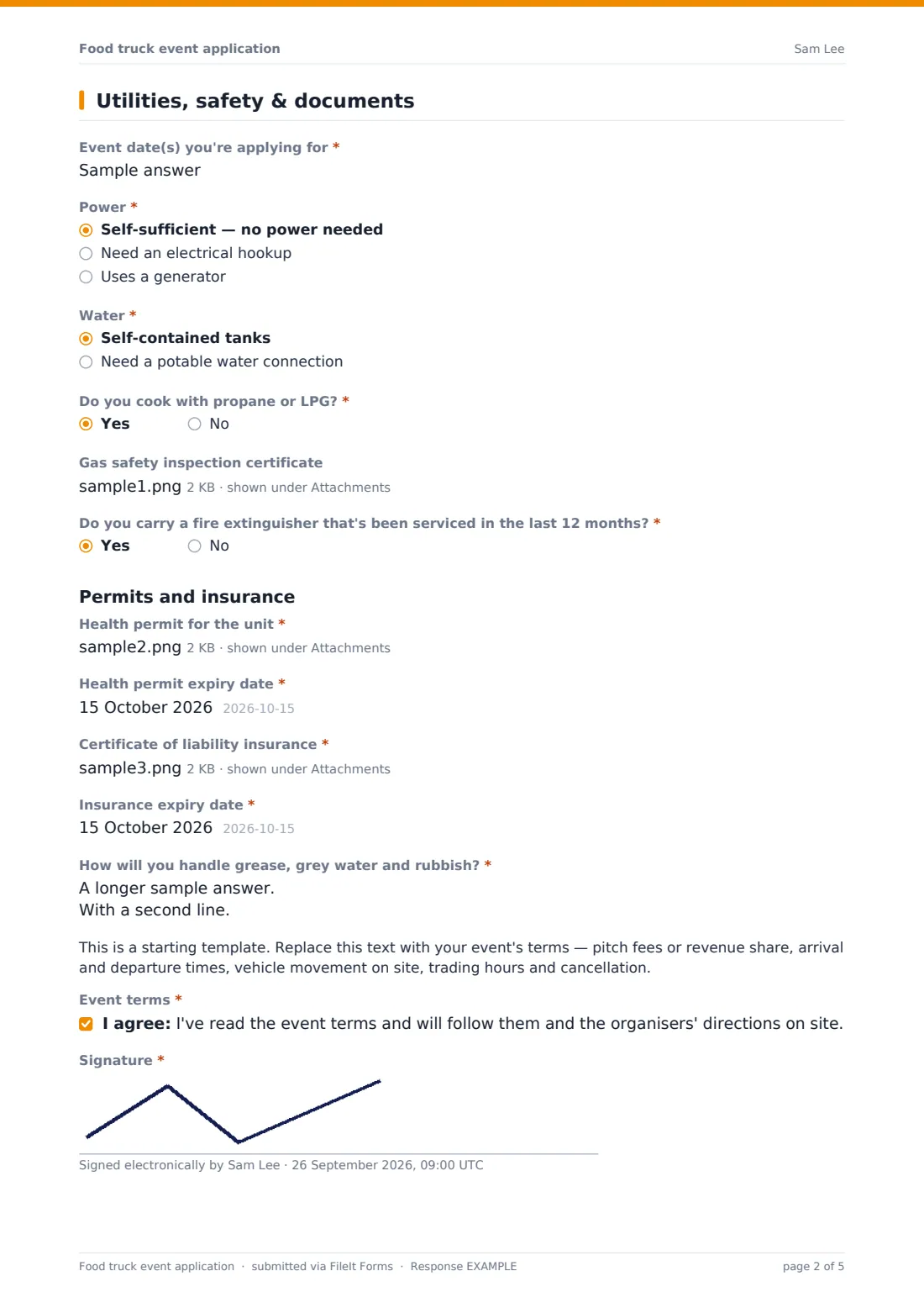 Food truck event application — example response PDF, page 2 of 5