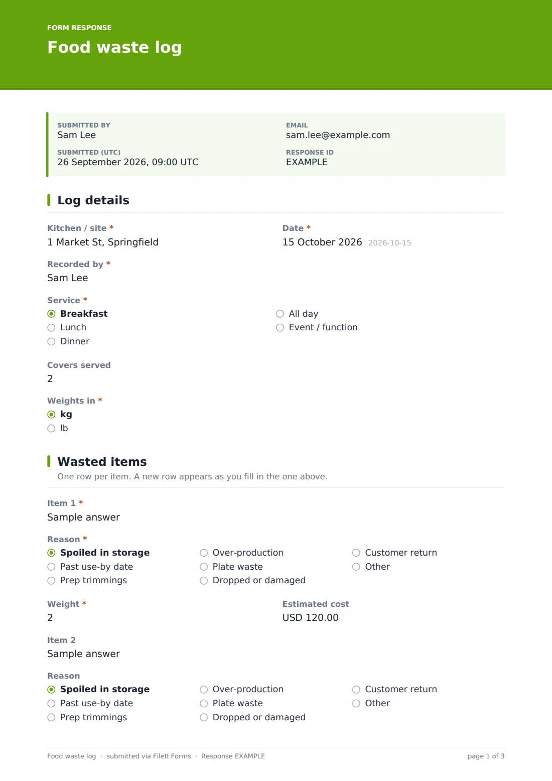 Food waste log — example response PDF, page 1 of 3