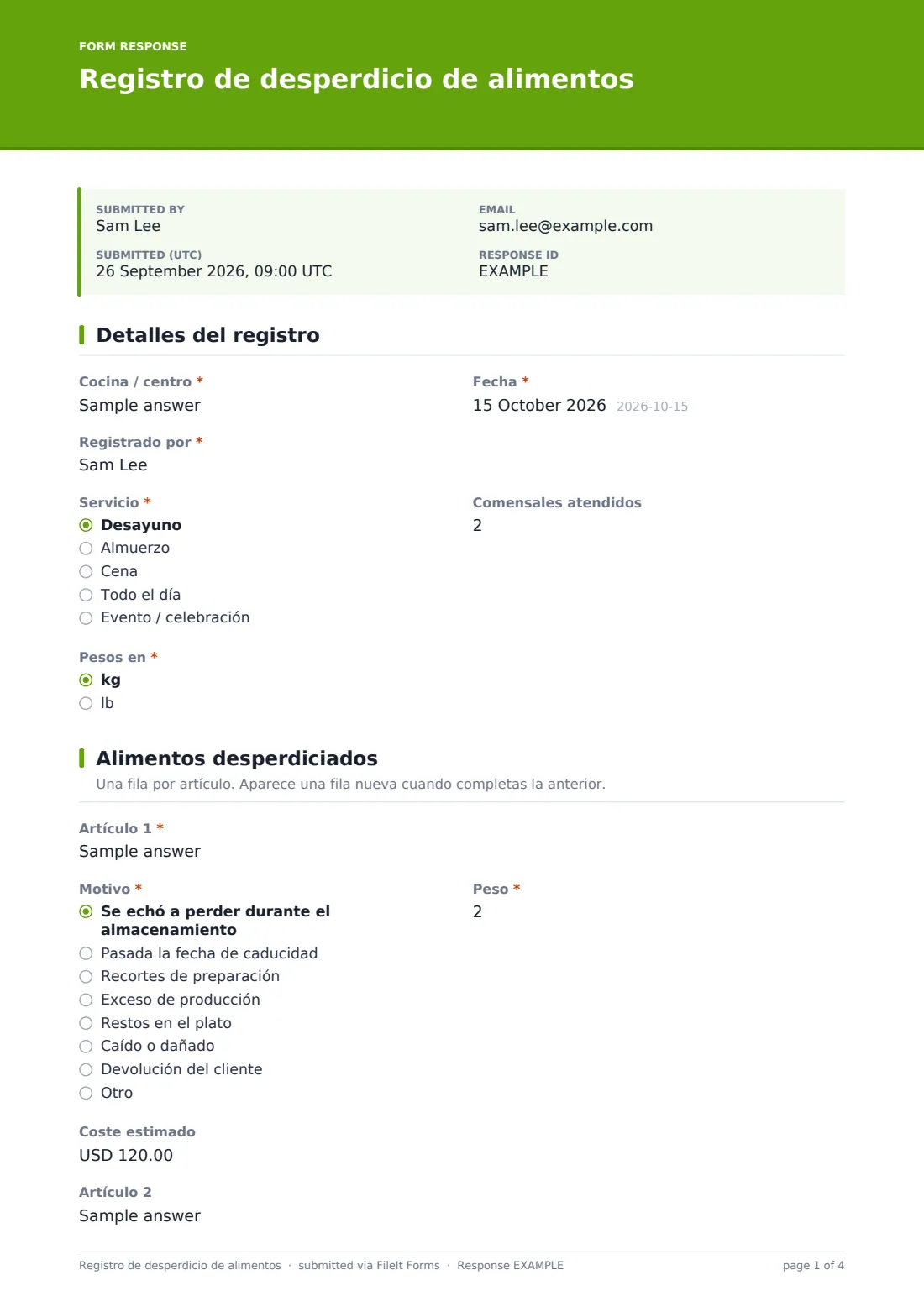 Registro de desperdicio de alimentos — PDF de respuesta de ejemplo, página 1 de 4
