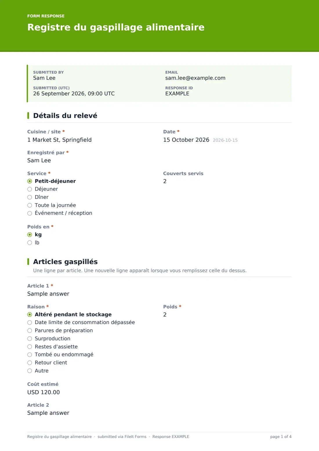 Registre du gaspillage alimentaire — exemple de réponse au format PDF, page 1 sur 4
