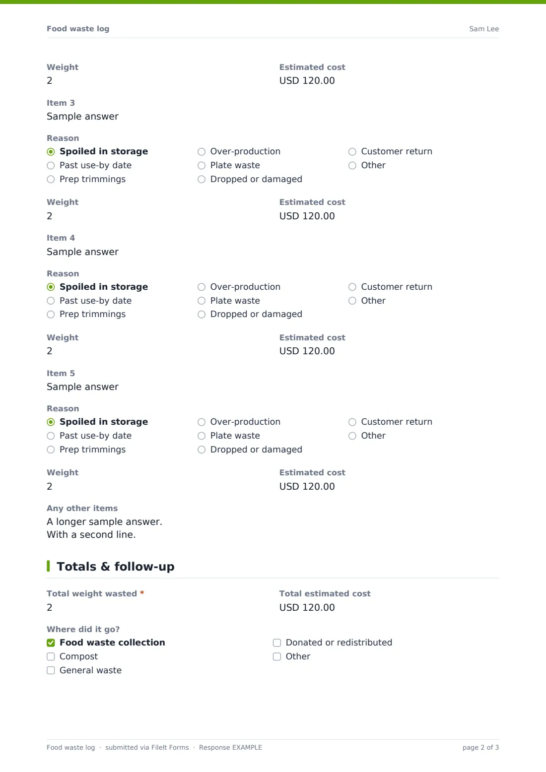 Food waste log — example response PDF, page 2 of 3