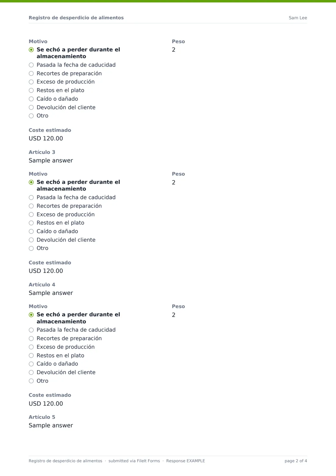 Registro de desperdicio de alimentos — PDF de respuesta de ejemplo, página 2 de 4