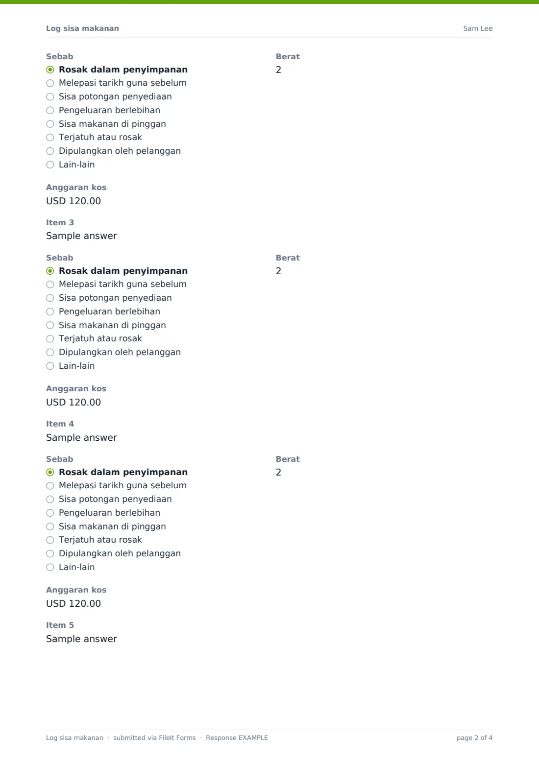 Log sisa makanan — PDF respons contoh, halaman 2 daripada 4