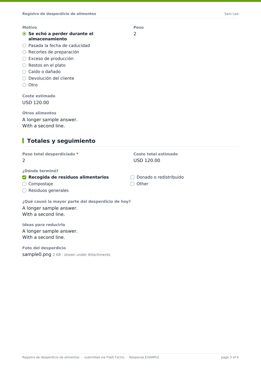 Registro de desperdicio de alimentos — PDF de respuesta de ejemplo, página 3 de 4