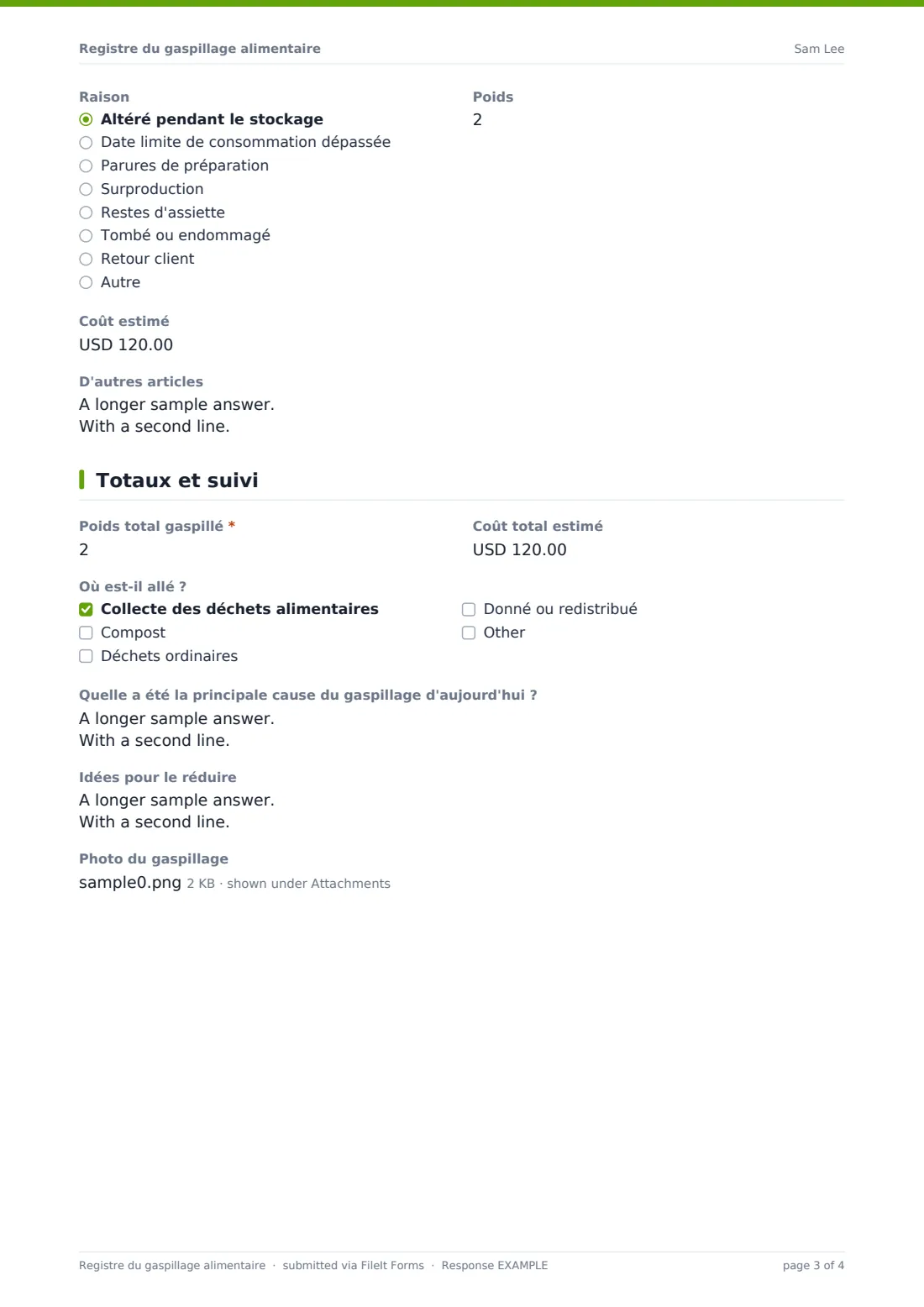 Registre du gaspillage alimentaire — exemple de réponse au format PDF, page 3 sur 4