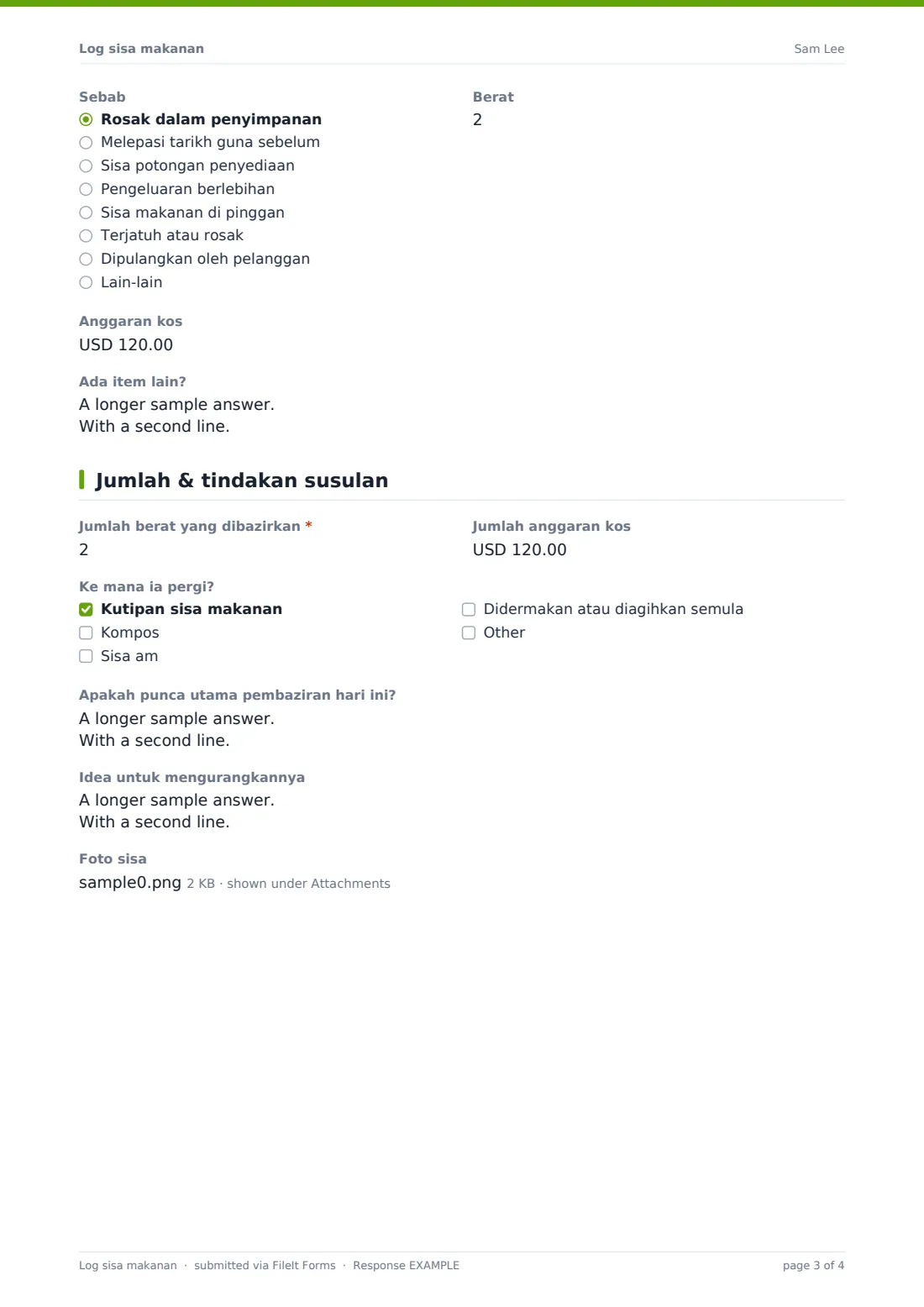 Log sisa makanan — PDF respons contoh, halaman 3 daripada 4