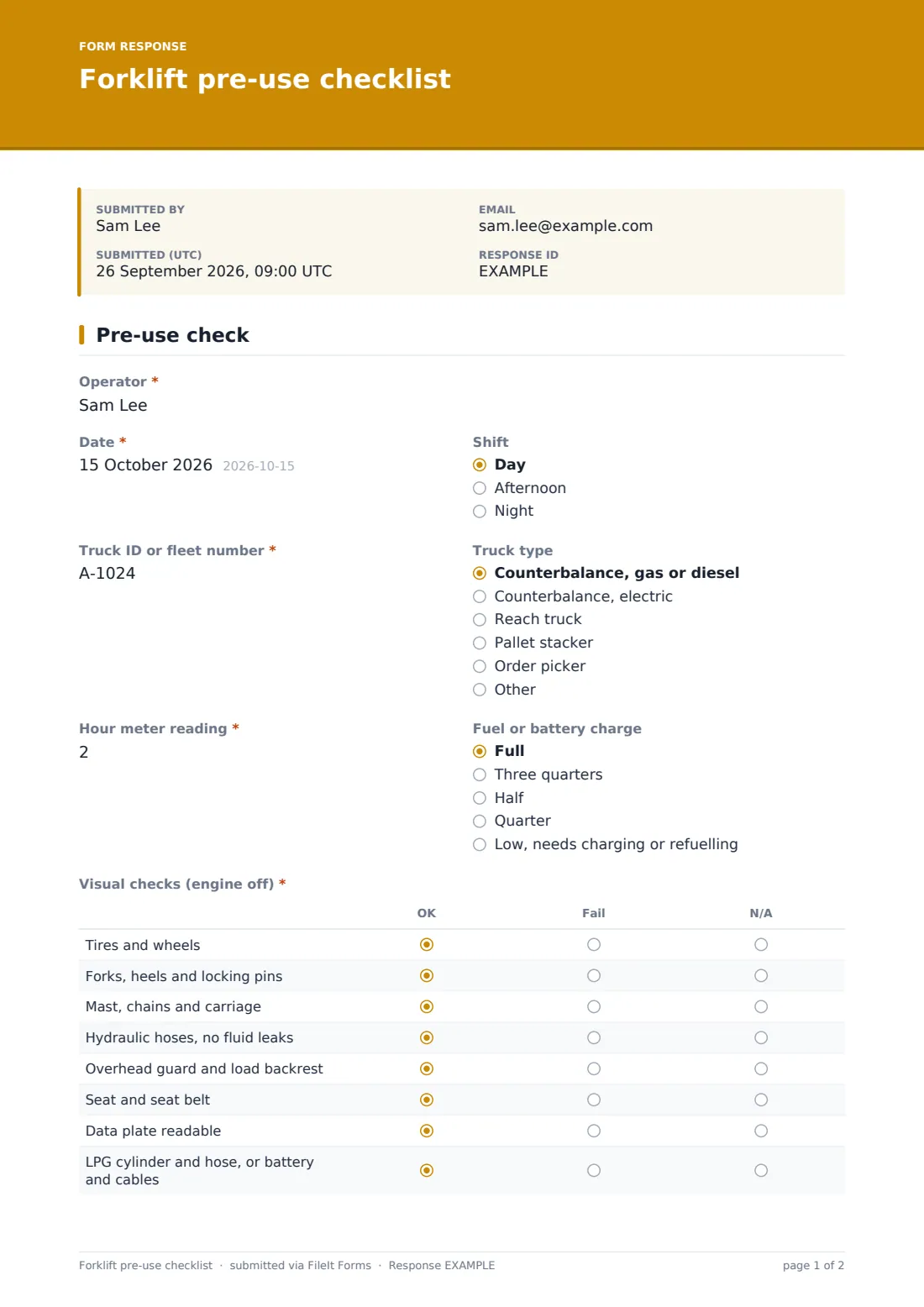 Forklift pre-use checklist — example response PDF, page 1 of 2