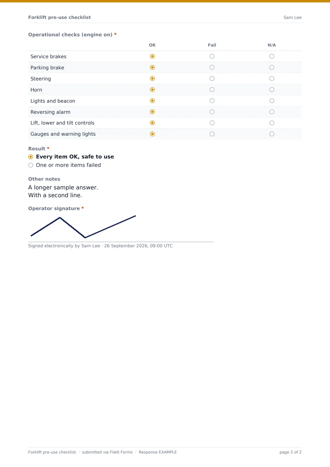 Forklift pre-use checklist — example response PDF, page 2 of 2